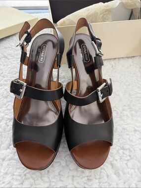 Coach Black and Brown Leather Buckle Platform Heels